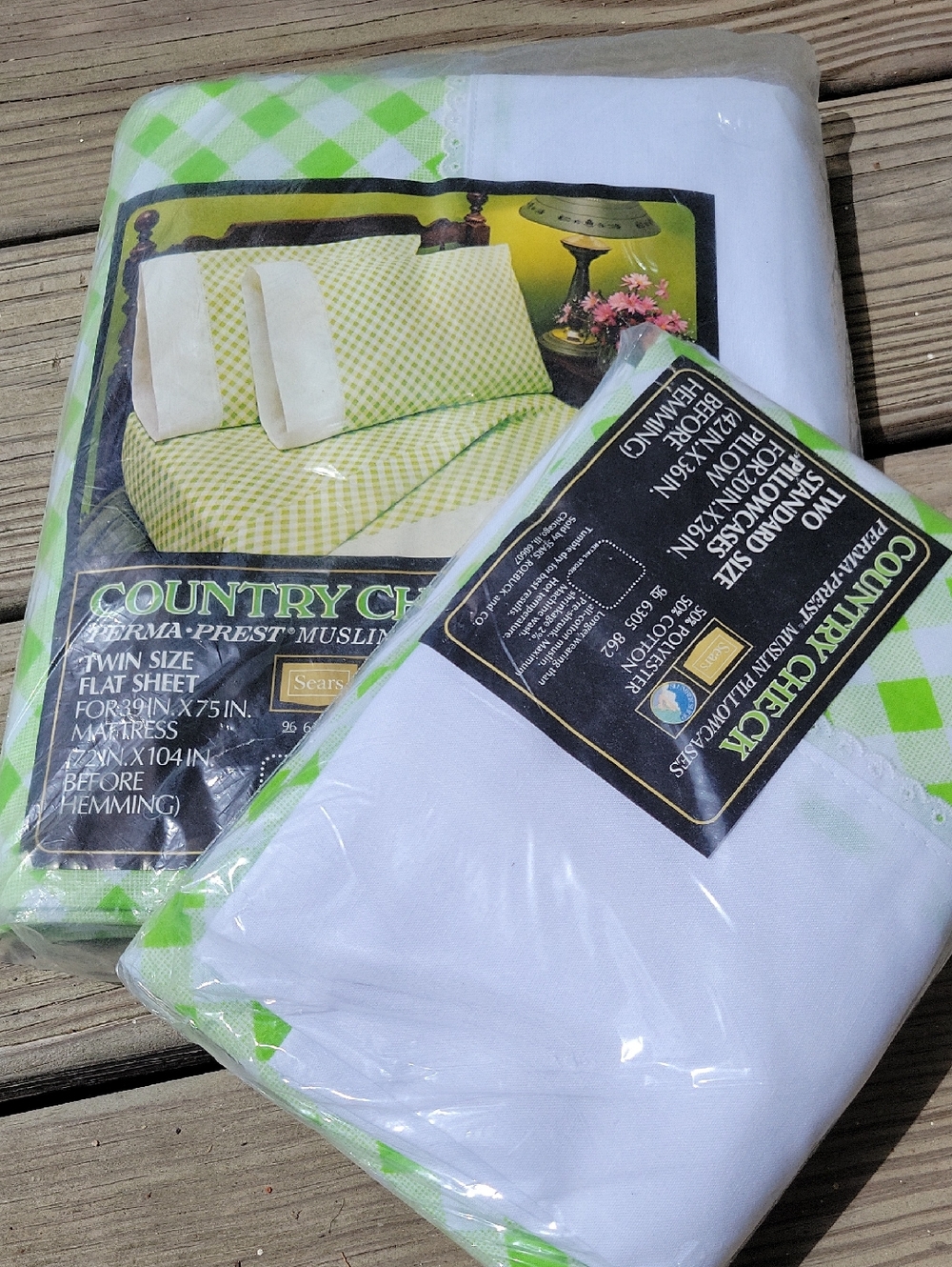 Vintage 70s Twin Flat Sheet And Pillowcases in Green Gingham by Sears